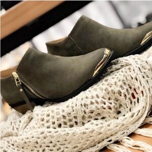 Olive green gold accent suede ankle booties boots khaki